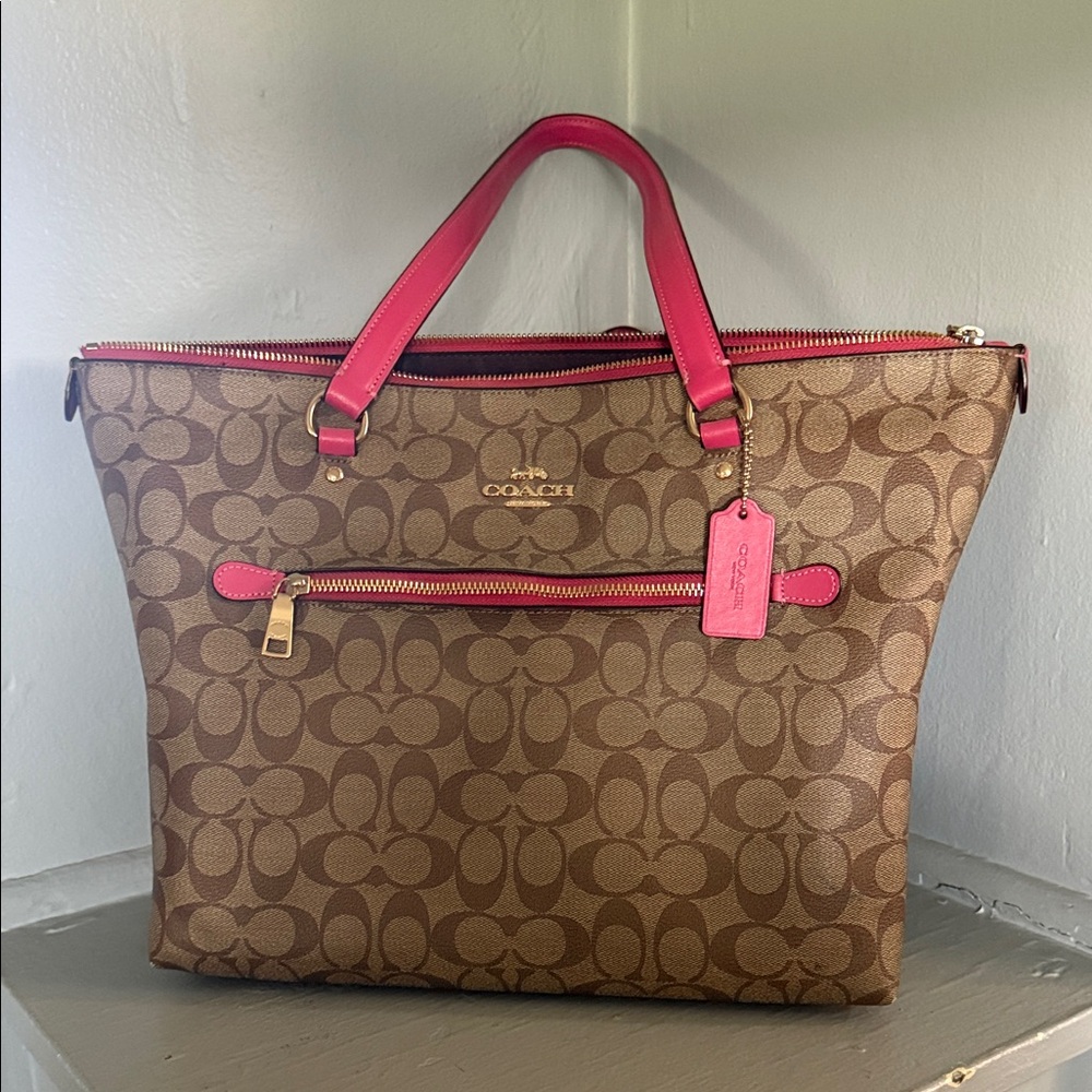 Coach Tan and Pink Signature Tote Bag